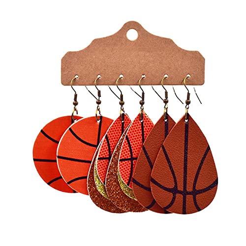 3Pairs Sporty Style Earrings, Glittering Sequin Leather Earrings, Rugby Basketball Baseball Football Cheerleaders Lightweight Multilayer Teardrop-Shaped Hook Dangling Jewelry