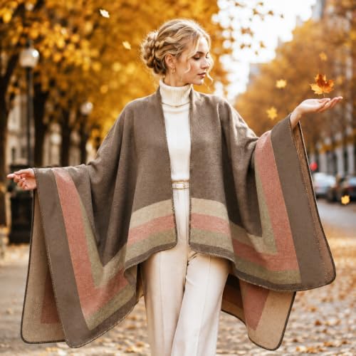 Image of Plaid Shawl Wrap for Women Boho Open Front Poncho Wrap Fall Winter