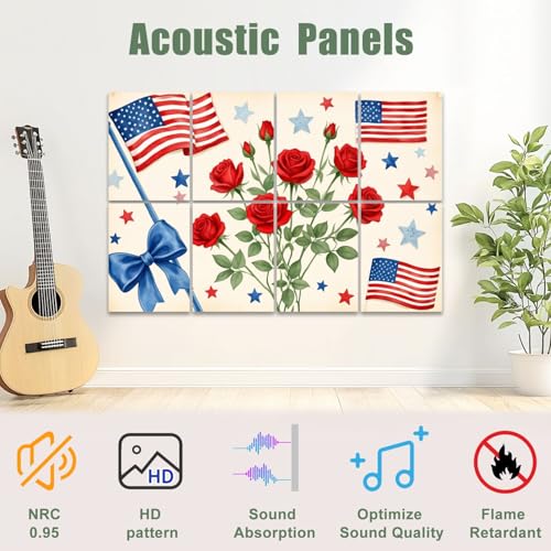 Paneles acústicos decorativos VVLUXIDECO 8 unidades con diseño patriotic red roses american flags, 48"x32", absorbentes de sonido para estudios y oficinas, autoadhesivos miniatura 3