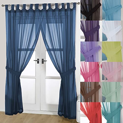 John Aird Pair Of Woven Voile Tab Top Curtain Panels. Tiebacks Included (Navy, 58" Wide x 90" Drop)