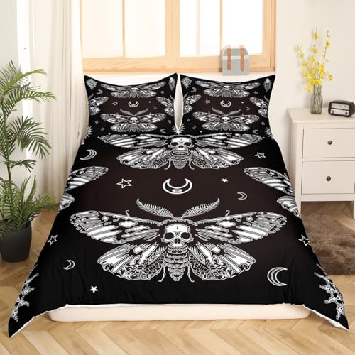 Feelyou Boys Boho Moth Duvet Cover Full Size Men Gothic Skull Bedding Set for Girls Women Bedroom Decor Bohemian Moon Star Comforter Cover Personalized Moth Skull Skeleton Bones Bedspread Cover 3Pcs