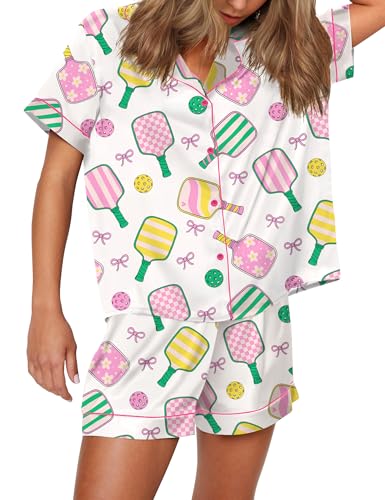 Image of SHESHOW Pajamas for Women Set Satin Button Down Short Sleeve Top and Shorts Pjs Sets Sport Ball Print Sleepwear XS-XXL