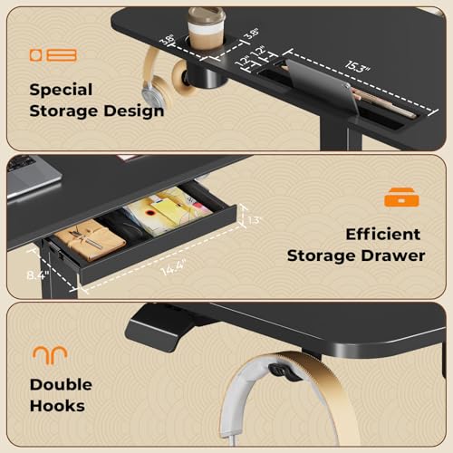 Image of Mobile Standing Desk with Drawer, 40 inch Small Standing Desk with Cup Holder, Rolling Laptop Workstaion on Wheels, Height Adjustable Table with Storage for Home Office, Black