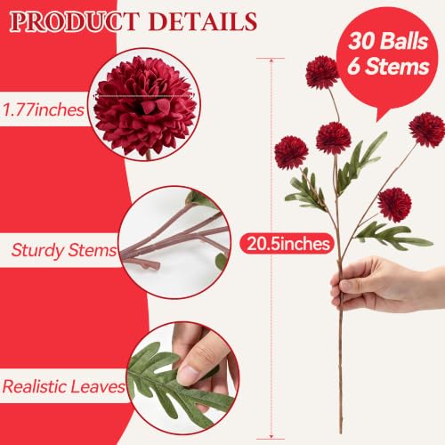 Artificial Fall Flowers Fake Silk Pompon Mums for Home, 6pcs Burgundy - image 4