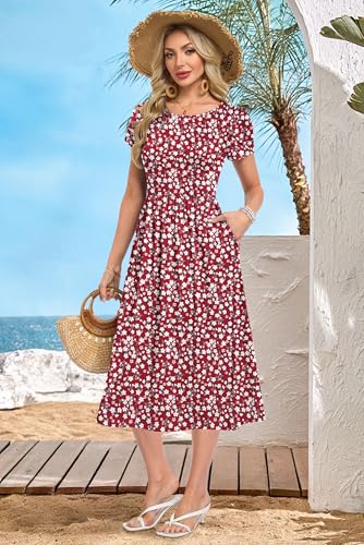 MOLERANI Kleider Damen Sommer - Rundhals Kurzarm Freizeit Kleider Hohe Taille Strandkleid mit Taschen Rotes Blumenmuster M 6