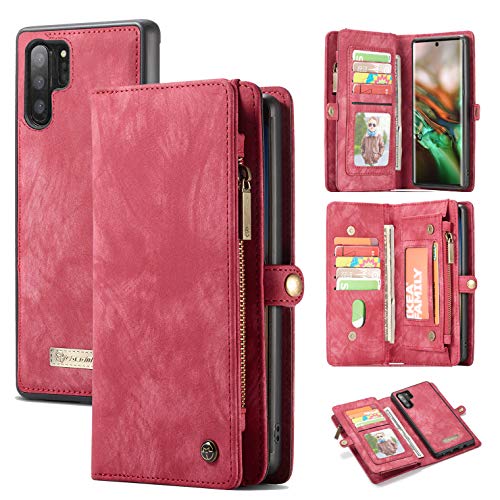 Galaxy Note 10+ Plus Wallet Case,AKHVRS Handmade Premium Cowhide Leather Wallet Case,Zipper Wallet Case [Magnetic Closure] Detachable Magnetic Case & Card Slots for Samsung Galaxy Note 10 Plus - Red
