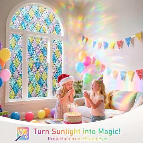 Image of Sunbaby Window Privacy Film Stained Glass Decorative Rainbow Window Cling 3D Static Clings Colorful for Home Decoration, Anti-UV & Heat Control Non-Adhesive (35.4 inchx78.7 inch)