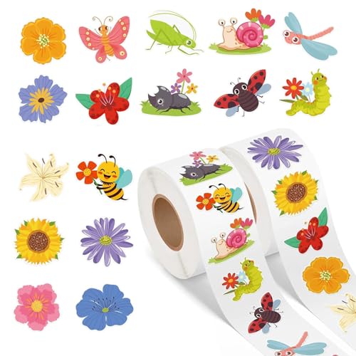 2 Rolls Spring Stickers for Kids 1000PCS Summer Flowers Butterfly Insect Colorful for Envelopes Gifts Decor Reward Sticker in 16 Design Incentive Sticker for Classroom Animal Stickers for Toddlers