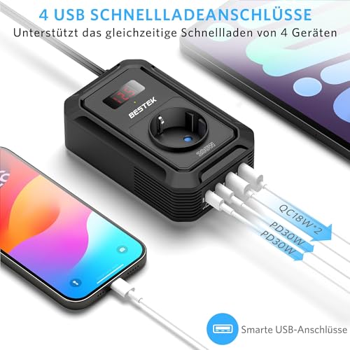 BESTEK 200W Spannungswandler 12 V auf 240 V 230 V AC Auto-Wechselrichter,3-pin Steckdosen,2PD 30W und 2 QC18W Anschlüsse Anschlüssen Zigarettenanzünderstecker,von Laptops, iPhones,und mehr,Schwarz