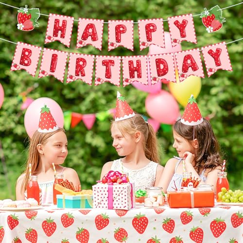 Image of Strawberry Birthday Decorations Strawberry Happy Birthday Banner Summer Fruit Berry Sweet Girl Party Decoration for Kids Girls Birthday Party Baby Shower Wedding Supplies