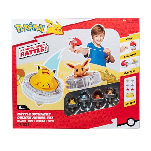 Bandai Pokémon – Pack Arena + 4 Spinners Incluidos – Arena Pokémon + 2 lanzadores Pokémon + 4 pezones Pikachu, Evoli, Caparchip y Salamèche – Combate de peonzas Pokémon – Juguete Infantil de 4 años y