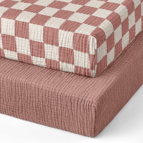 Image of Blissful Diary Muslin Mini Crib Sheets, Pack and Play Mattress Sheets Fitted for Pack N Play, Soft Cotton for Boys Girls, 2 Pack(Dusty Pink Checkboard & Dusty Pink)