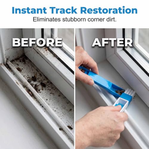 Image of 2-in-1 Window Groove Cleaning Brush, Crevice Cleaning Brush，Black+Blue | Detachable Hard Bristle Crevice Cleaning Brush with Dustpan, Window Track Cleaning Tools for Home, Bathroom, Ktichen, Corners