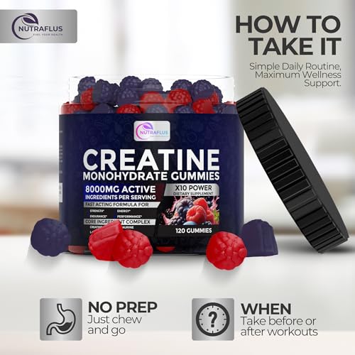 Image of Creatine Monohydrate Gummies 8000mg per Serving for Men & Women - Creatine Gummies with BCAA, Taurine, L-Carnitine & Vitamin B12 - Made in USA, Vegan, Gluten Free, Berry Flavor, 120 Count