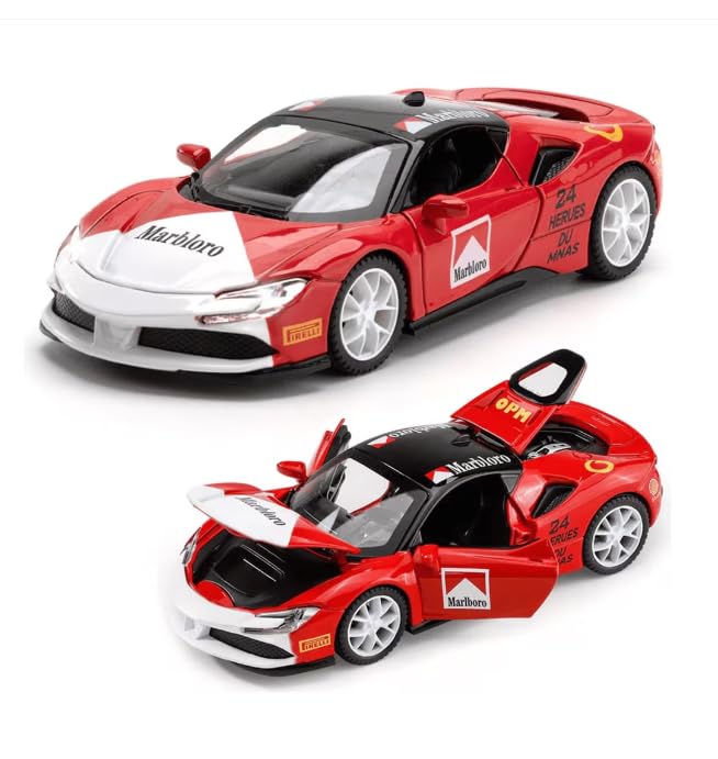 Image of Alokik Enterprise 1:32 Marbloro Ferrari SF90 Sport Die-cast Metal Pull Back Car with 2 Openable Doors with Lights and Sound Toy Decoration, Showpiece Car Best Gift Toys for Kids 【Red】