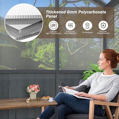 Image of MUPATER 8 x 8FT Wooden Polycarbonate Greenhouse with 6mm Polycarbonate Panels for UV Protection, Ventilated Window & Lockable Door, Walk-in Greenhouse for Outdoors, Patio, Backyard, Black