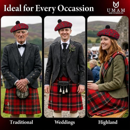 Image of Scottish Tam O' Shanter Hat Tartan Bonnet Pom Pom Wool Flat Cap One Size