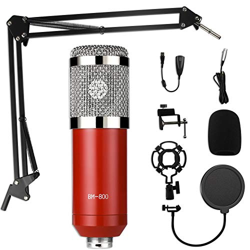 Condenser Microphone Bundle Kit,Computer PC Cardioid Studio Mic Set with Mic Suspension Scissor Arm, Stand Shock Mount & Pop Filter for Instruments Voice Overs Recording & Broadcasting (Red)