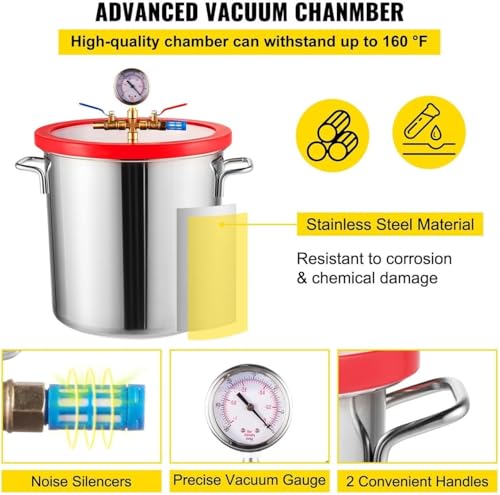 Kit de bomba de vacío y cámara de desgasificación para mantenimiento de aire acondicionado y automóvil, bomba de una etapa eficiente de 5 CFM incluida, 12 L / 3 gal miniatura 6