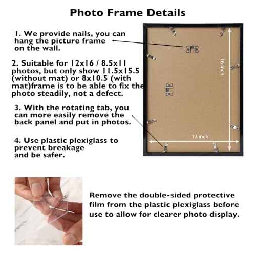 Image of JCJMY 12x16 Picture Frame Set of 4 with 8.5x11 Mat, Black 12 x 16 Poster Frames with Shatter Resistant Plexiglass, Display 8.5 x 11 with Mat or 12 by 16 Without Mat, Sturdy Wall Hanging Frame, 4 Pack