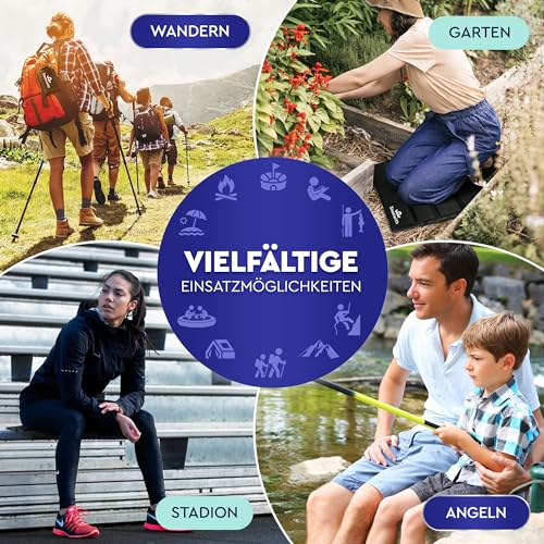 Faltbares Iso-Sitzkissen Outdoor Sitzmatte (35x35cm) mit Tragetasche + Karabinerhacken für idiale Befestigung am Rucksack maximaler Schutz vor Kälte Nässe Schmutz SCHWARZ