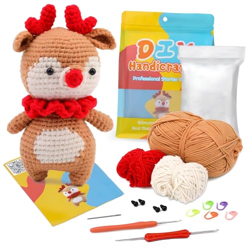 ECHCOSAY Crochet Kit for Beginners,Complete DIY Crochet Kit Supplies with Step-by-Step Video Tutorials,Crochet Starter Kits Christmas Gift for Adults and Kids,Deer(40%+ Yarn)
