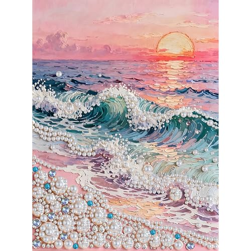 LPDJITO Beach Sunrise Diamond Art Pearl Painting Kit DIY Pearl Art Painting Beach Pearl Diamond Painting Kits Handmade Gem Dot Picture Craft for Home Wall Decor 12x16 inch Wave