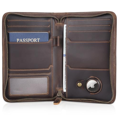 Polare Full Grain Leather Passport Holder Cover Case for Men RFID Blocking Travel Wallet Holds 4 Passports (Dark Brown with AirTag Slot)
