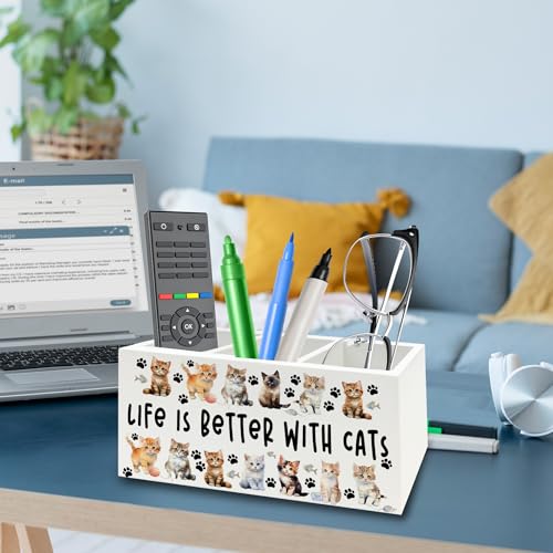 Image of Cat Pen Pencil Holder Organizer for Desk, Cat Lovers Mom Lady Gifts for Women, Life Is Better with Cats Wooden Box Signs Decorations for Home Office Desk Tabletop, Gifts for Pet Lovers