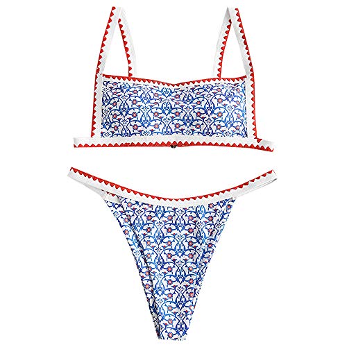 ZAFUL Bohemian Push Up Swimsuits Tie Whip Stitch Print Two Piece Set Bikini Light Blue
