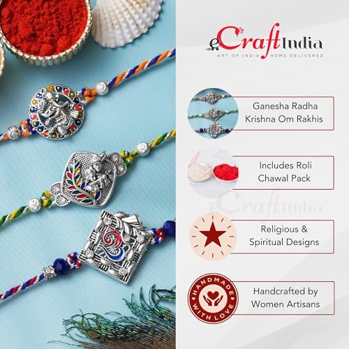 Image of eCraftIndia White Red Golden Set of 3 Pearl Rakhi for Brother with Roli Chawal Pack