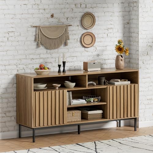 UEV Mid Century Modern TV Stand Cabinet for Living Room(up to 50/55/60/65 Inch),TV Media Console Cabinet with Shelves & Storage,Wood TV Stand Bedroom,Fluted TV Stand Entertainment Center