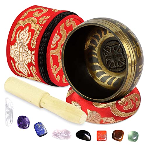 Zelaby Cuenco Tibetano 7 metales hecho a mano, Juego De Cuencos Tibetanos, con 7 Piedras de Chakra, Mazo, Cojín De Seda, Seda caja, Para yoga Meditacion, Relajación,La Curación De Chakras