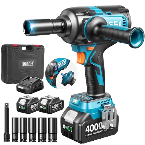 Seesii Upgraded Cordless Impact Wrench 885Ft-lbs (1200N·m): 1/2' Impact Gun with Detachable Side Handle, 21V High Torque Power Impact Driver 2x 4.0Ah Batteries for Family Car/Pickup Truck/Mower