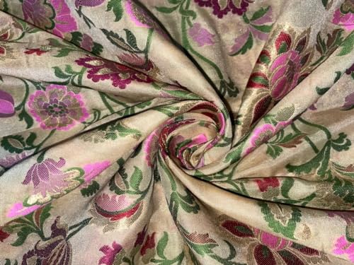 Tissu brocart de soie beige BRO891 à fleurs multicolores et or métallique pour vos créations