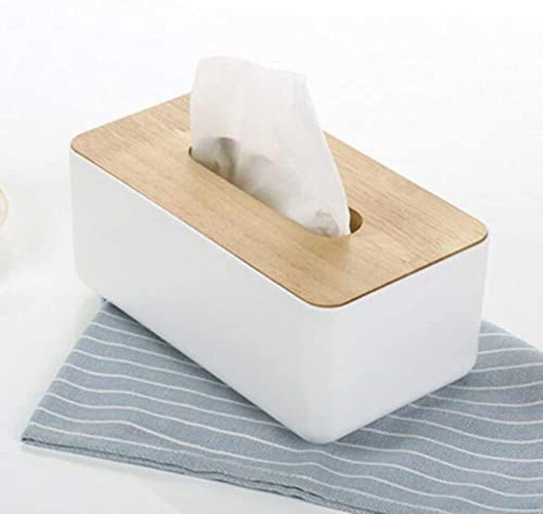 Wrixty Rectangular Shape Wooden Cover Plastic Tissue Box Holder | Paper Napkin Holder Case | Tissue Holder Dispenser Organizer for Car Decor Home Room Hotel (1 Compartment)