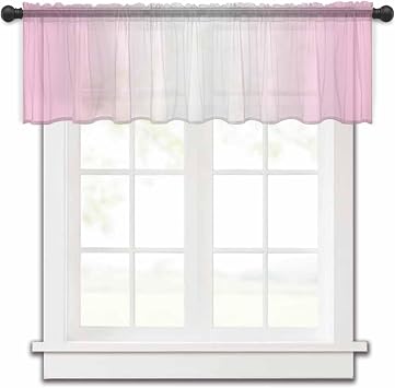 Pink Ombre Sheer Valances for Windows, Modern Abstract Art Light Filtering Kitchen Curtains Valance, Pink White Gradient Chiffon Rod Pocket Curtains for Living Room/Bedroom/Cafe 54"x18"