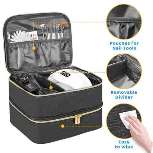 BOHEMIABY Nagellack Organizer Tasche, Doppelschicht Nagellack Aufbewahrung Box, Organizer Koffer für Nageldesign Kosmetiktasche für 30 Flaschen Neonail Base(15ml-0.5 FL.Oz) & 1 Nagellampe(Schwarz)