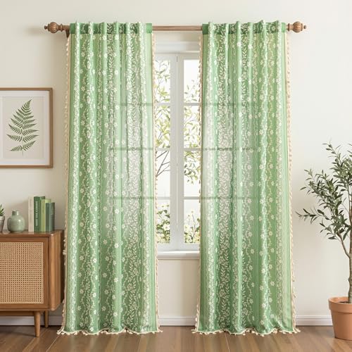 Image of MYSKY HOME Boho Floral Curtains 84 Inch Long for Living Room Sage Green | Linen Light Filtering Bohemian Vintage Farmhouse Semi Sheer Drapes for Dining Room with Tassels Back Tab, 50 inch Wide, 2 Panels