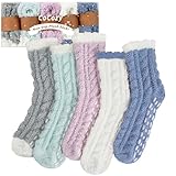 Fuzzy Socks with Grips for Women, 5 Pairs Soft Fluffy Sleep Cozy Hospital Socks Non Skid Plush Slipper Socks Gifts,B-solid Pieced 01