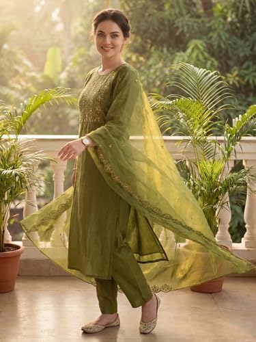 Image of INDO ERA Solid Straight Pure Cotton Kurta with Pant & Dupatta Set for Women