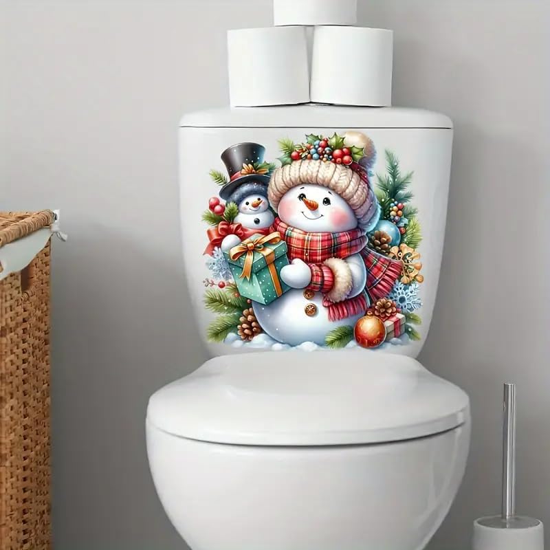 Merry Christmas Snowman Gift Box Toilet Cover Sticker Decals, Christmas Bell Pine Leaf Fish Ocean Waterproof Toilet Lid Tank Seat Decals Cistern Self-Adhesive Bathroom Wall Sticker