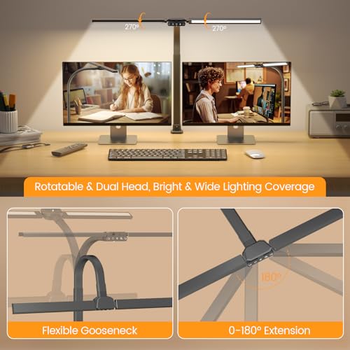 Image of SIBRILLE Upgraded Desk Lamp for Home Office - Dimmable Computer Desk Light with Remote, Modern Architect Task Lamp with Color Changing, Flexible Desktop Lamp with Gooseneck for Monitor, Double Head