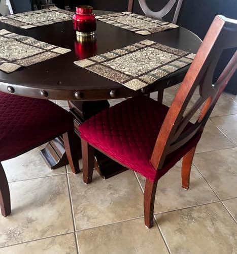 Image of SearchI Stretch Dining Chair Seat Covers Set of 4, Soft Removable Washable Seat Covers for Dining Chairs, Dining Room Seat Cover Slipcover Protector (Rear-Covered, Red Diamond Jacquard)