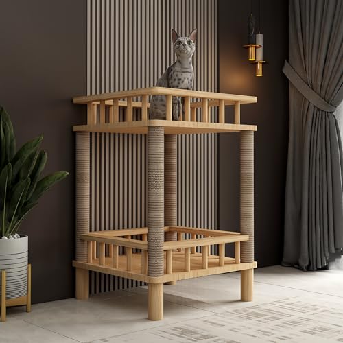 木製の猫の巣 据え置き 安定性 省スペース 猫 中型猫 多頭飼い 猫部屋 天然麻紐の爪とぎポール 猫別荘 密閉型猫ハウス 無垢材の猫のアクティビティタワー 組み立て簡単 (A)