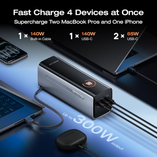 Image of EF ECOFLOW Rapid Pro Power Bank, 4-Port with 300W Max Output, Portable Charger with 140W Built-in Cable, TSA-Approved, Smart APP, 3950x7mAh, for MacBook Pro /Air, iPhone 17 /16 Series, Laptops, and More