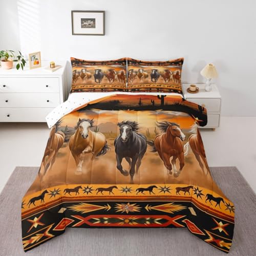 Loussiesd Juego de ropa de cama con diseño de caballo al galope, tamaño doble, para niños y niñas, decoración de dormitorio, microfibra marrón, 3 piezas con 2 fundas de almohada