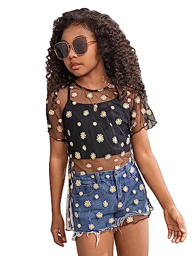 COZYEASE Girls' Mesh Top Floral Print Lettuce Trim Loose Sheer T Shirt Cover Up Top Without Cami Top