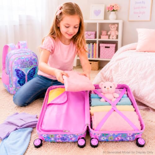 Image of CCJPX 5Pcs Kids Luggage Set, 16 inch Girls Travel Suitcase with Spinner Wheels, Butterfly Hardside Carry on Toddler Rolling Suitcase Airline Approved(Pink)