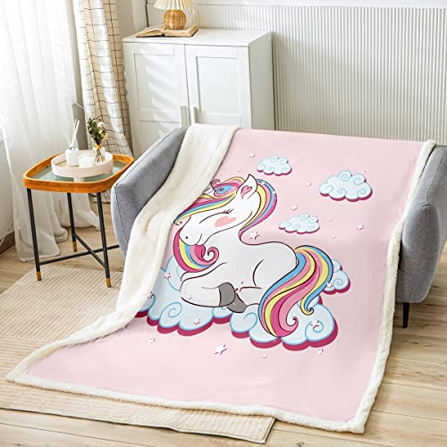 Loussiesd Kinder Decke 150x200cm Mädchen Einhorn Rosa Karikatur Einhorn Regenbogen Wolken drucken Kuscheldecke für Jugendliche Frauen Süß Tiere Dekorativ Wohndecke Mikrofaser Flanell Fleecedecke
